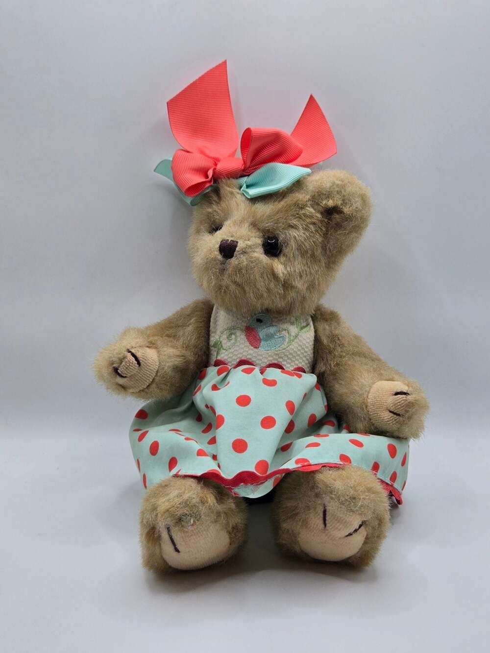 The Bearington Collection “PEACHY” BEAR Plush W Rose Bow Pink & Blue Dress NEW